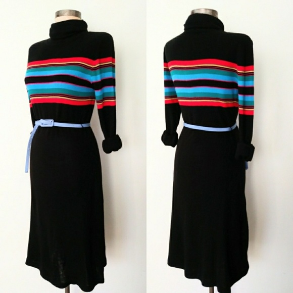 Sold 70s Stripe Turtleneck Sweater Knit Dress - Picture 2 of 2