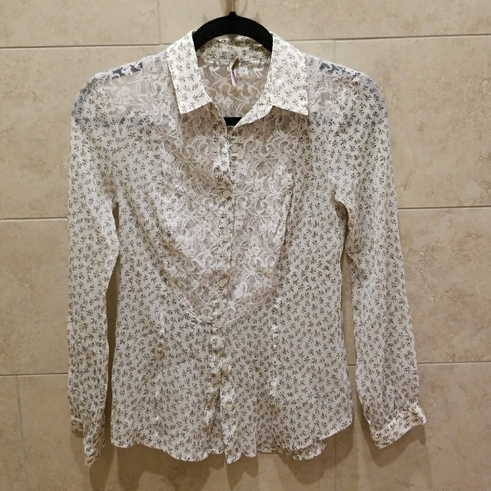 Free People Floral Lace Long Sleeve Blouse