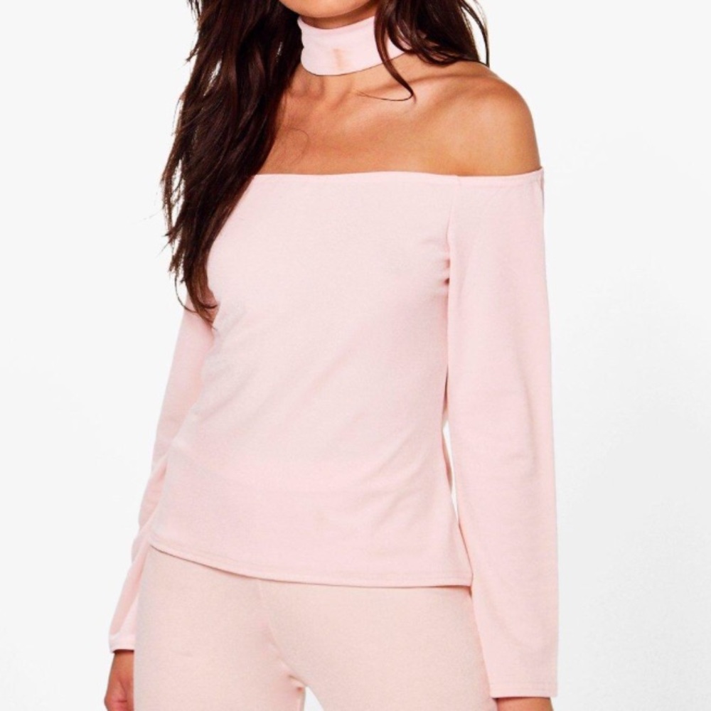 Nude/blush off shoulder top with attached choker