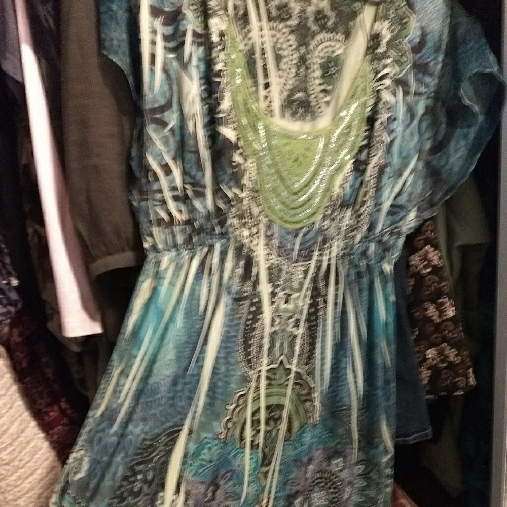One world green and blue dress