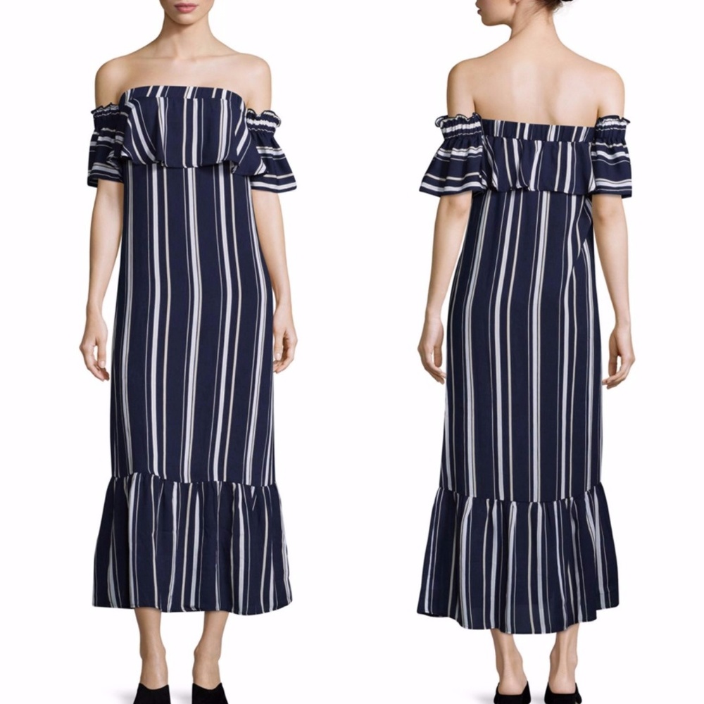 Stripe off-shoulder ruffle maxi - Navy