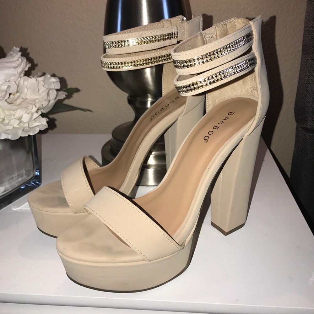 Tan Block Heel with Two Chain Detail around Ankle