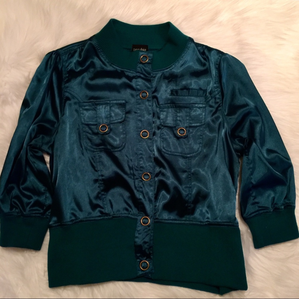 Peacock Teal Satin Bomber Jacket