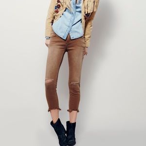 Ripped Hem Brown Cropped Skinny Jeans