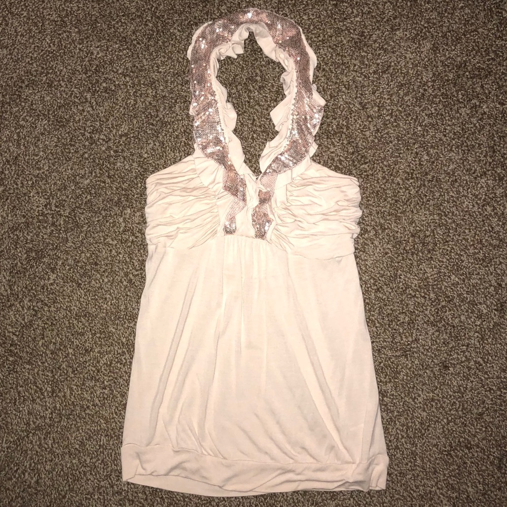 Express pink sequin, ruffle halter Sz M