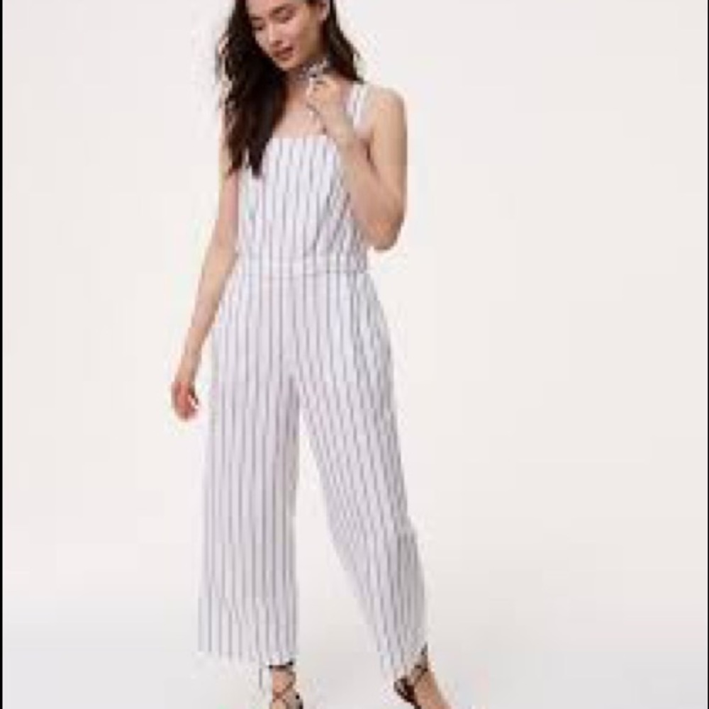 NEW! LOFT White Gray Stripe Linen Jumpsuit sz XSP