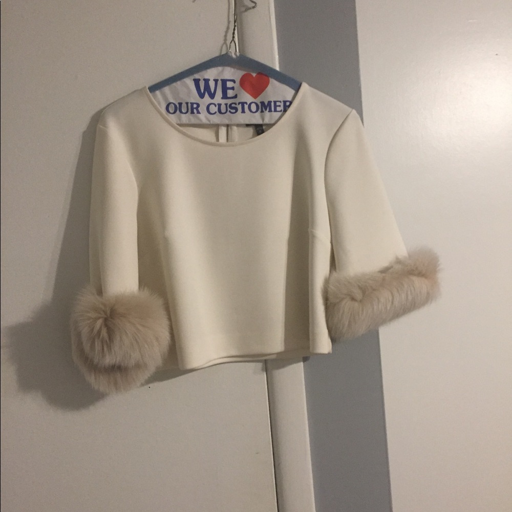 Real fur cuffed crop top