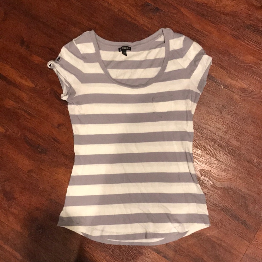 Express Gray and White Striped Short Sleeve Tee