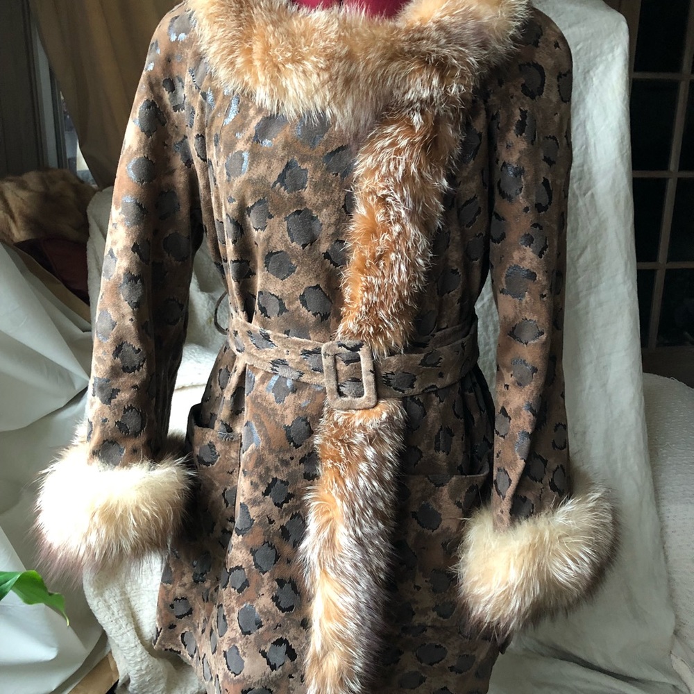 Wandia Suede/Leather Animal Print coat fur collar