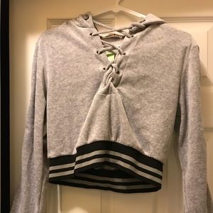 Forever 21 Grey Velvet Lace Up Crop Sweater