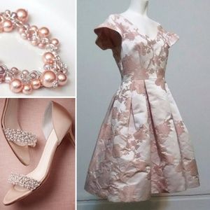 Gorgeous Pearl Coral Jacquard  Dress Maggy London