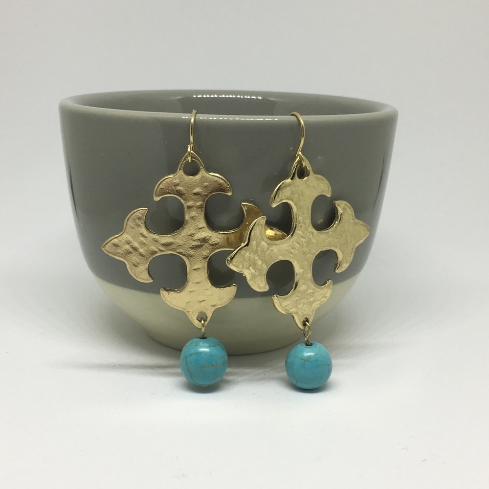 Gold Cross Earrings with Turquoise Bead