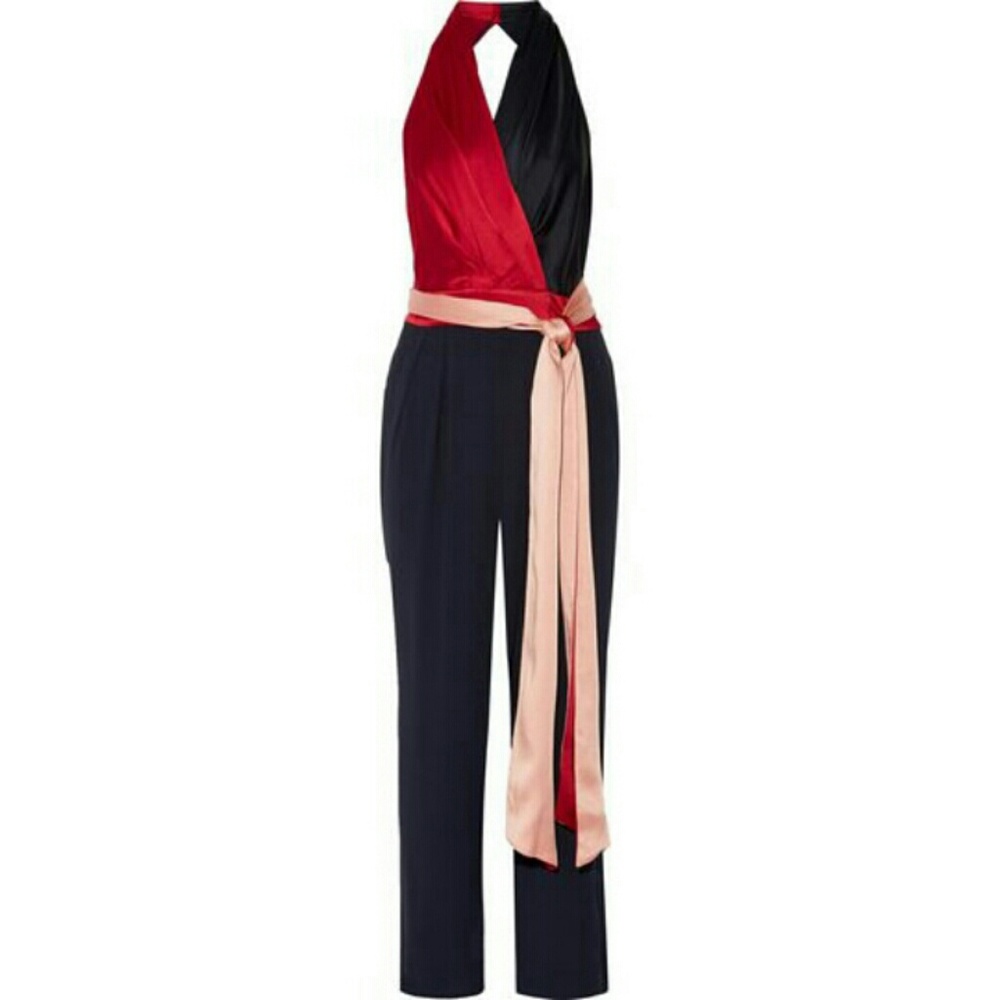 Wrap-effect satin & crepe halterneck jumpsuit