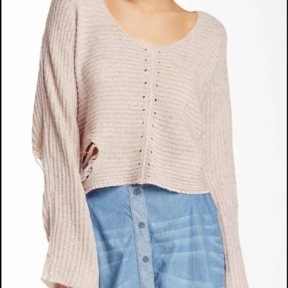 Wildfox Terra Crop Distressed Blush Pink Sweater