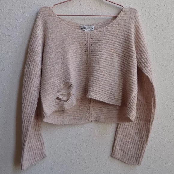 Wildfox Terra Crop Distressed Blush Pink Sweater - Picture 3 of 8