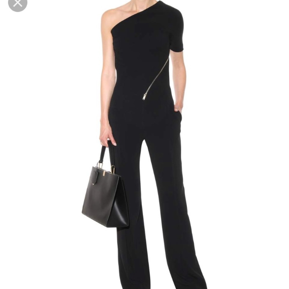 One shoulder zip  front black jumpsuit
