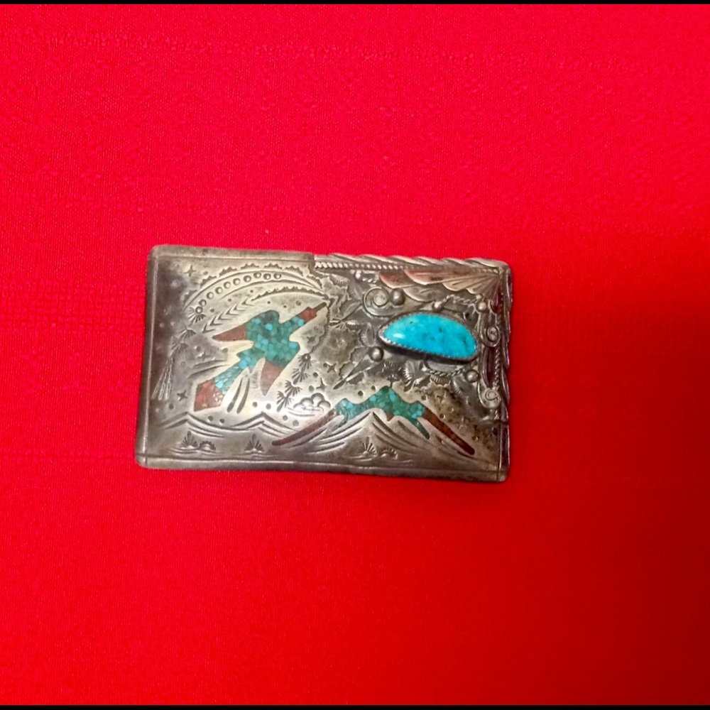 SILVER, TURQUOISE AND CORAL BELT BUCKLE  FINAL PRICE CUT * MAKE AN OFFER