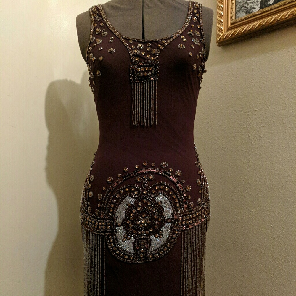 Sue Wong Brown Silk Beaded 1920s Dress Sz 2