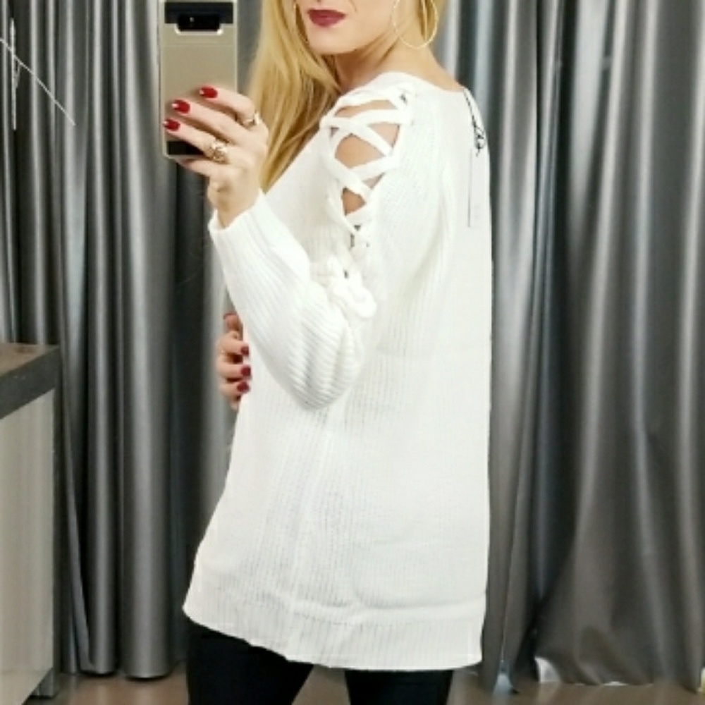CREAM LACE UP DETAILED SWEATER - Picture 4 of 4