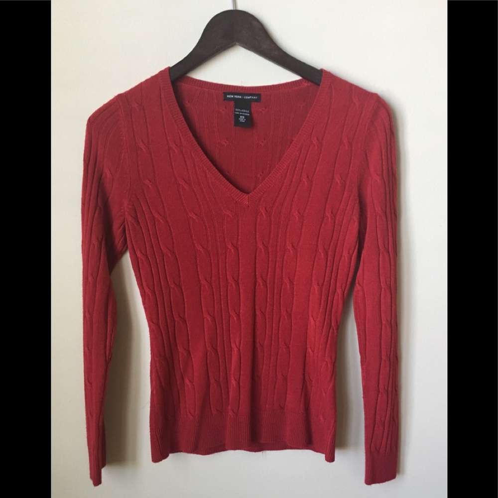 New York & Company Red Orange Cable V  Sweater