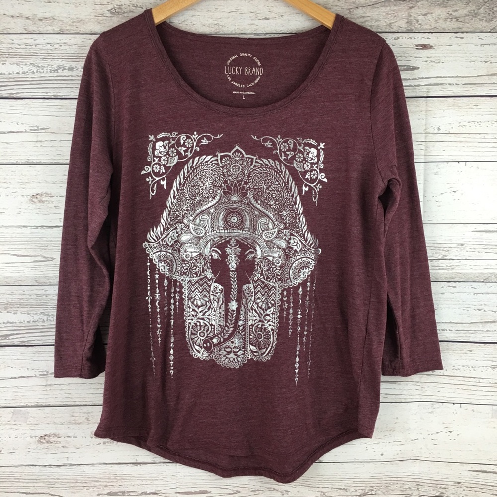 Lucky Brand Elephant Hamsa Purple 3/4 Sleeve Large