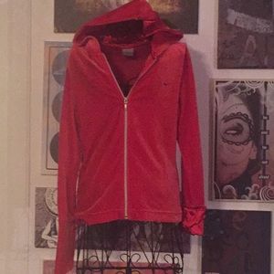 Red Nike hooded velour sweater w/zipper- M (8-10)