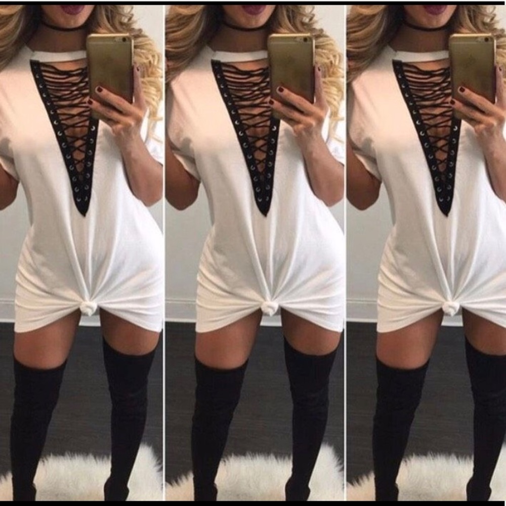 White Laced Up T-shirt Dress