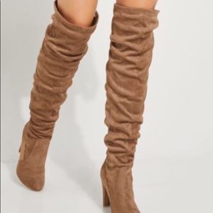 Suede scrunched knee high boots