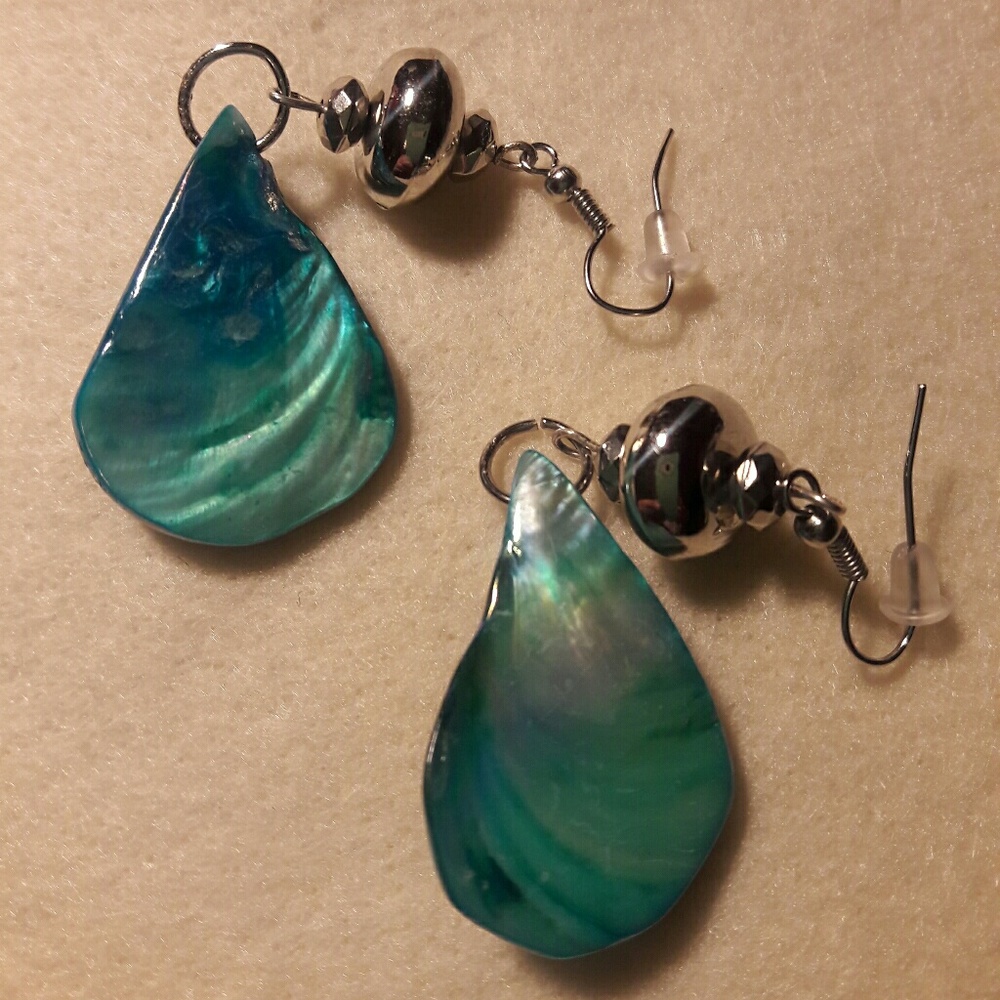 DebbBees #81.  Blue shell dangling earrings