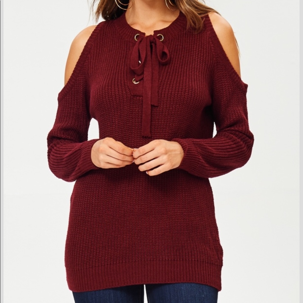 Last One! Maroon Cold Shoulder Lace Up Sweater