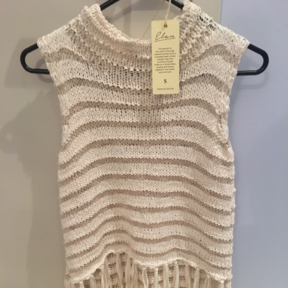 Knit sweater beige/brown top with fringe detailing