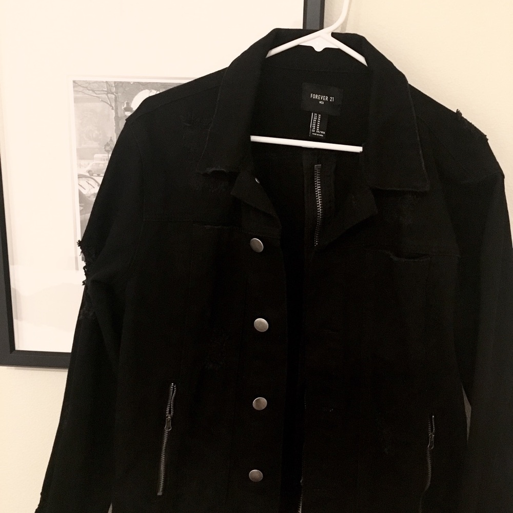 Black distressed denim jacket with back zipper