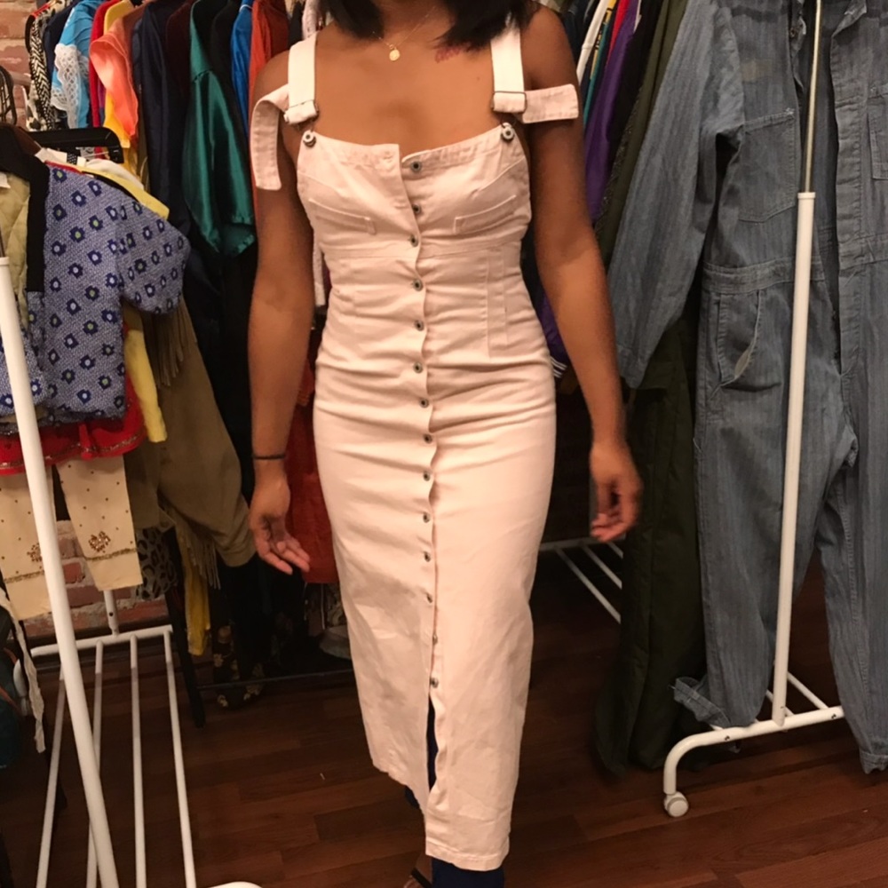 Baby pink denim overalls