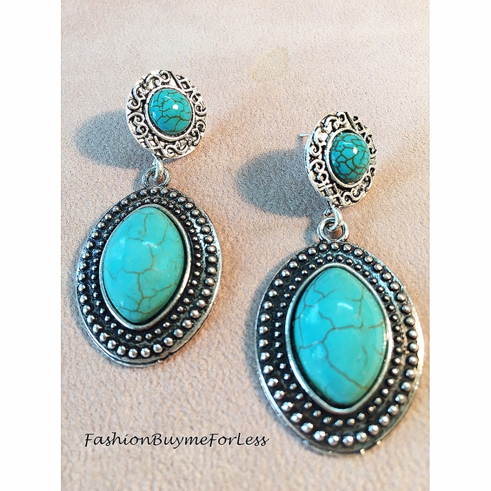 Tibetan Turquoise Gemstone Oval Dangle Earring