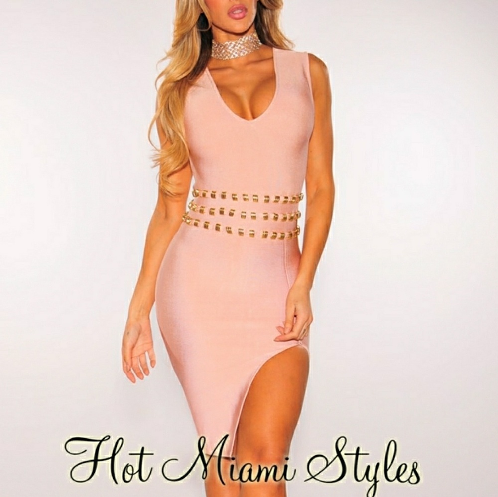NWT Blush Bandage Dress w/ Gold Accent & Slit
