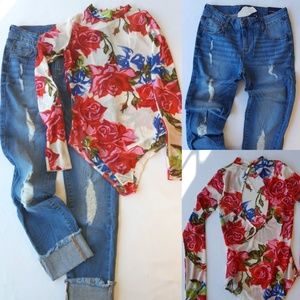New Distressed Jeans & New Floral Bodysuit