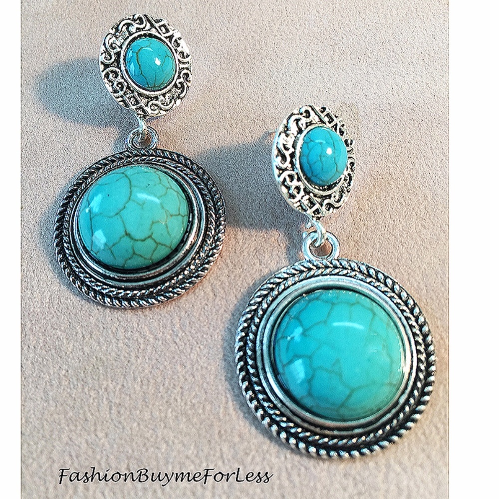 Tibetan Turquoise Gemstone Round Dangle Earring