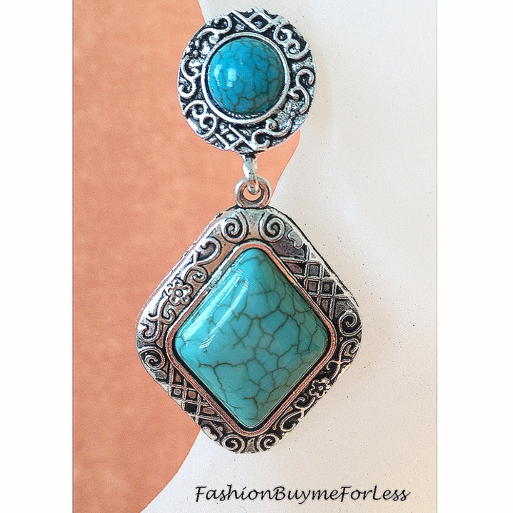 Tibetan Turquoise Gemstone Square Dangle Earring