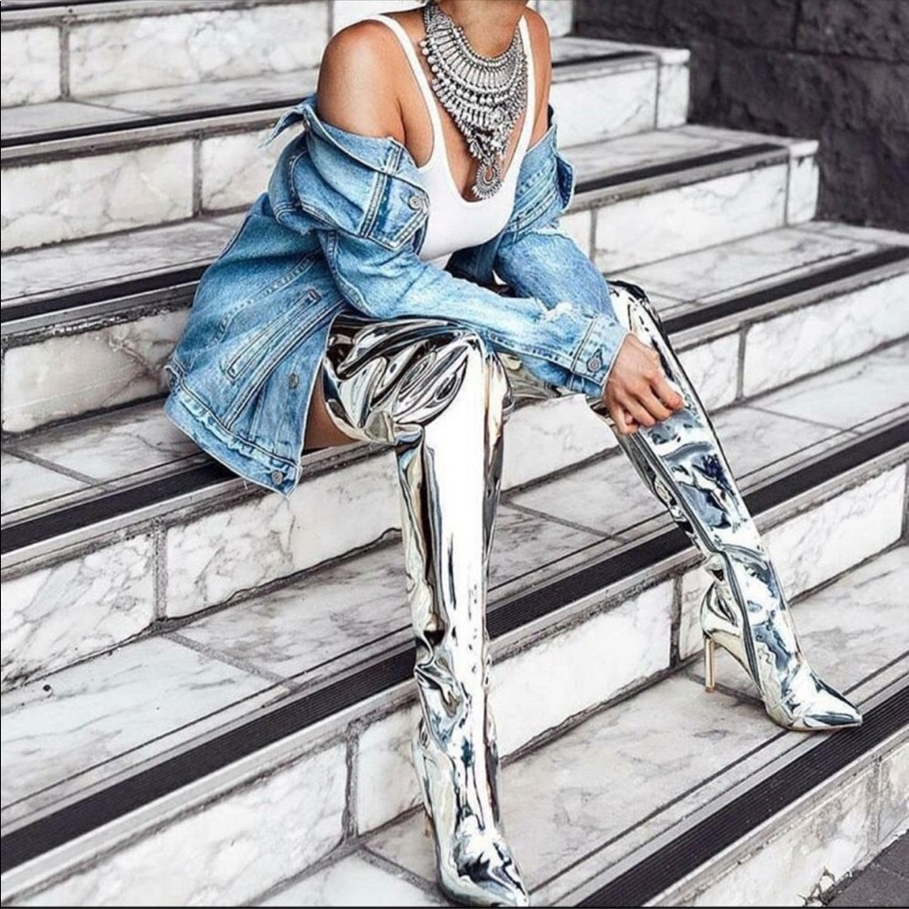 Silver metallic thigh high boots