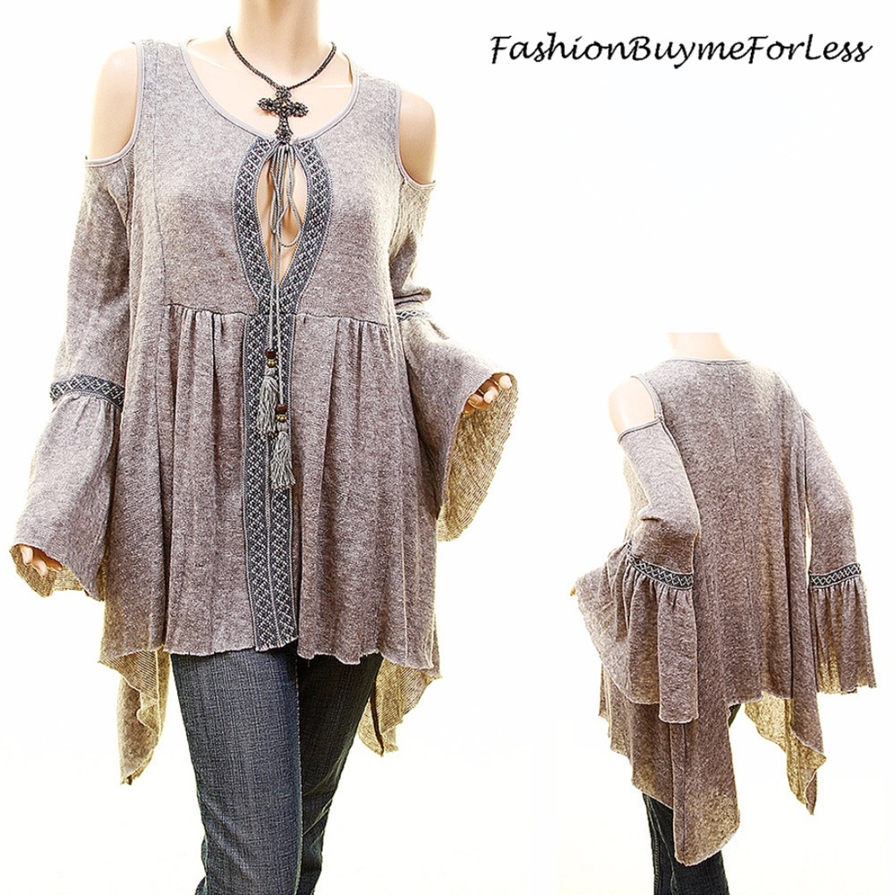 Bell Sleeve Oversized Cold-Shoulder Tunic Sweater