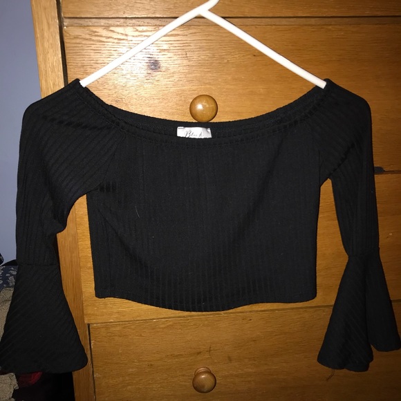Black off the shoulder long bell sleeve crop top - Picture 1 of 1