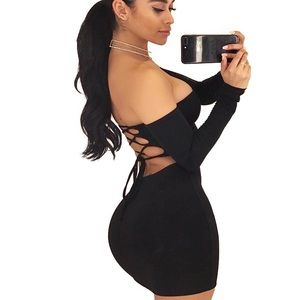 off the shoulder black backless dress