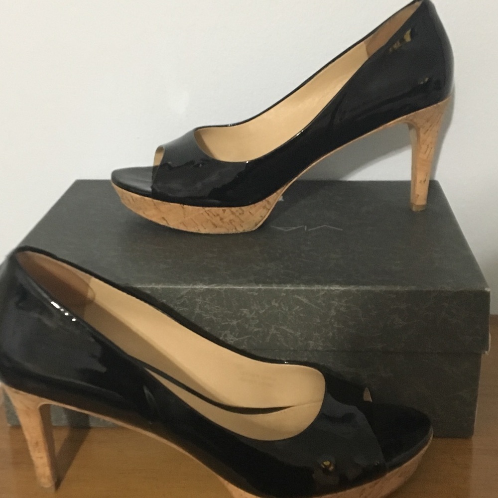 Via Spiga black patent peep toe pumps