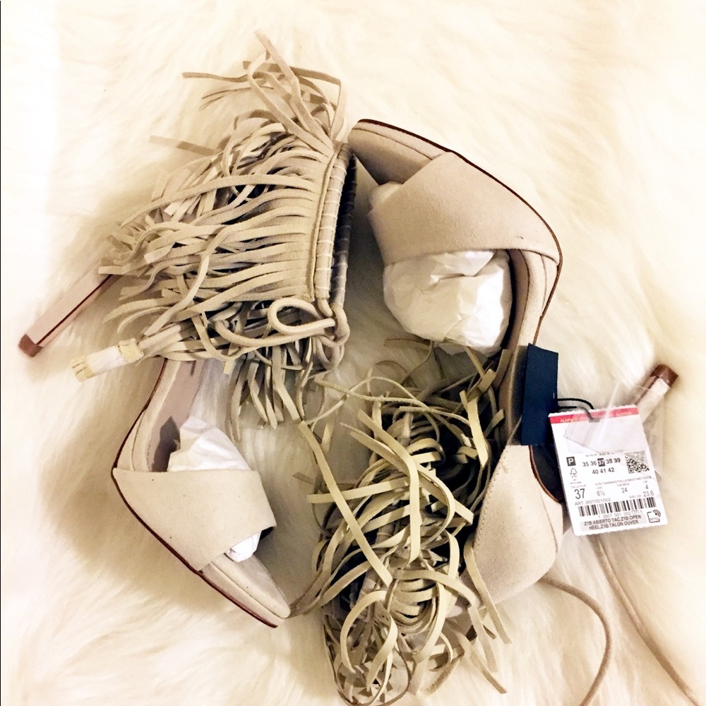 Zara Off White Fringe Heeled Sandal