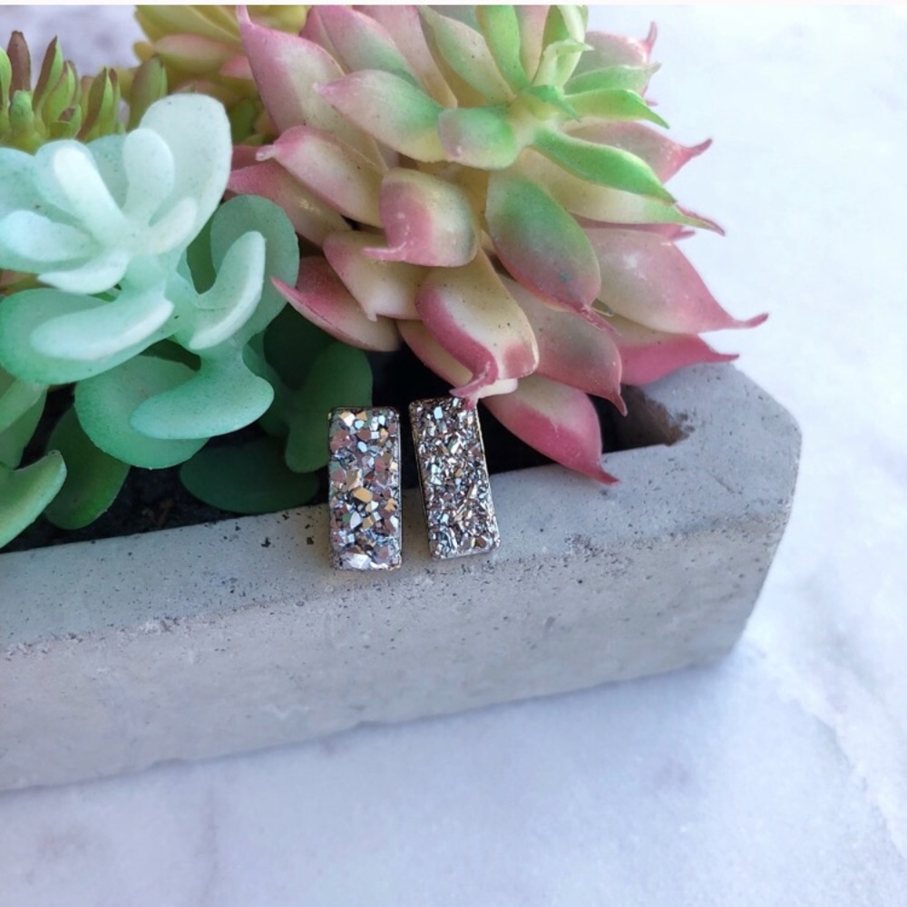 Silver Druzy Bar Earrings