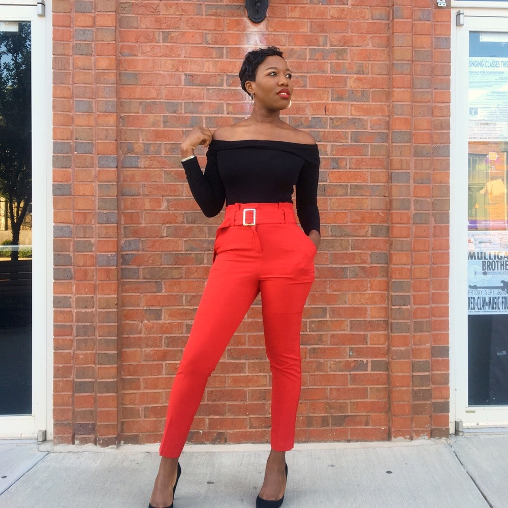 NY & Company Paperbag Waist Slim Leg Pant Red