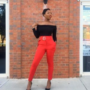 NY & Company Paperbag Waist Slim Leg Pant Red