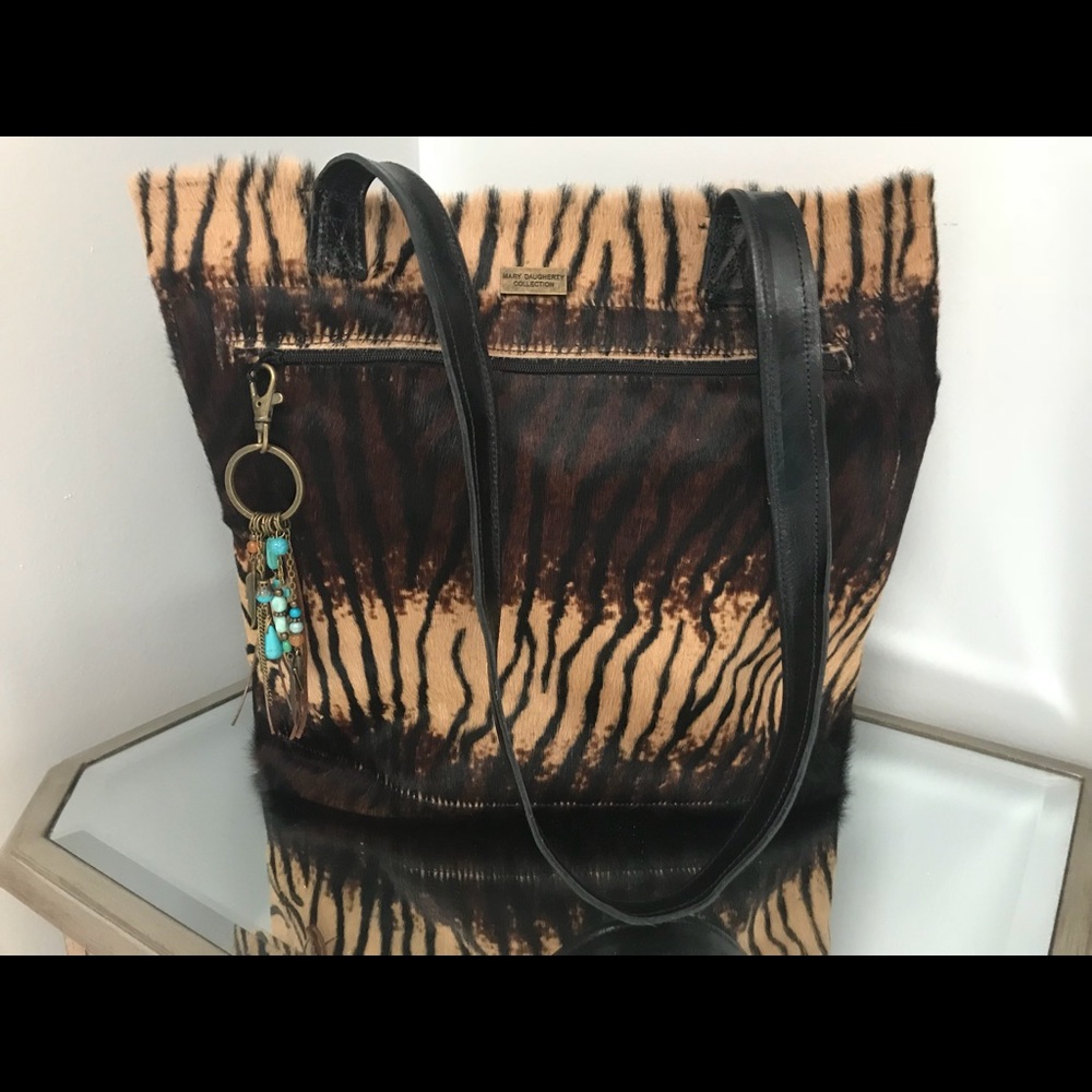 Hair on hide leather tote bag
