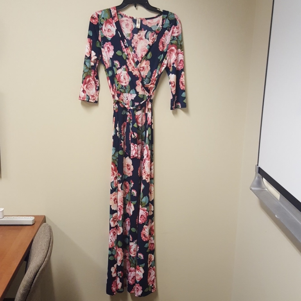 Cap sleeve floral full length wrap dress