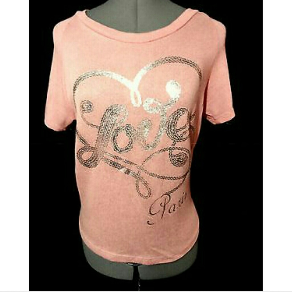 GREEN APPLE Love Paris Top S M Pink Silver foil Sheer back summer t-shirt